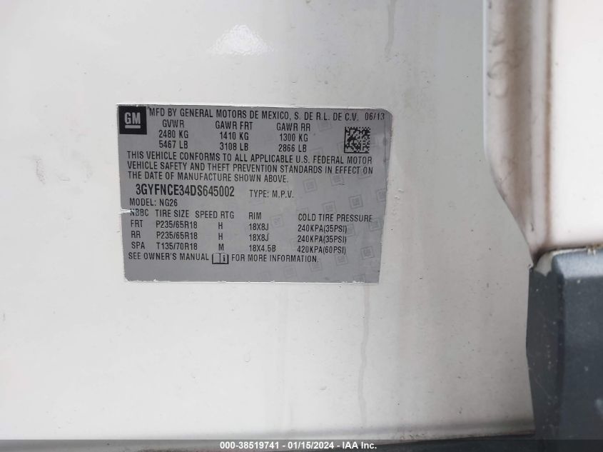 2013 Cadillac Srx Luxury Collection VIN: 3GYFNCE34DS645002 Lot: 38519741