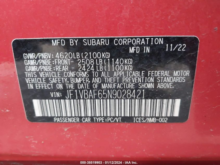 2022 Subaru Wrx Premium VIN: JF1VBAF65N9028421 Lot: 38519903