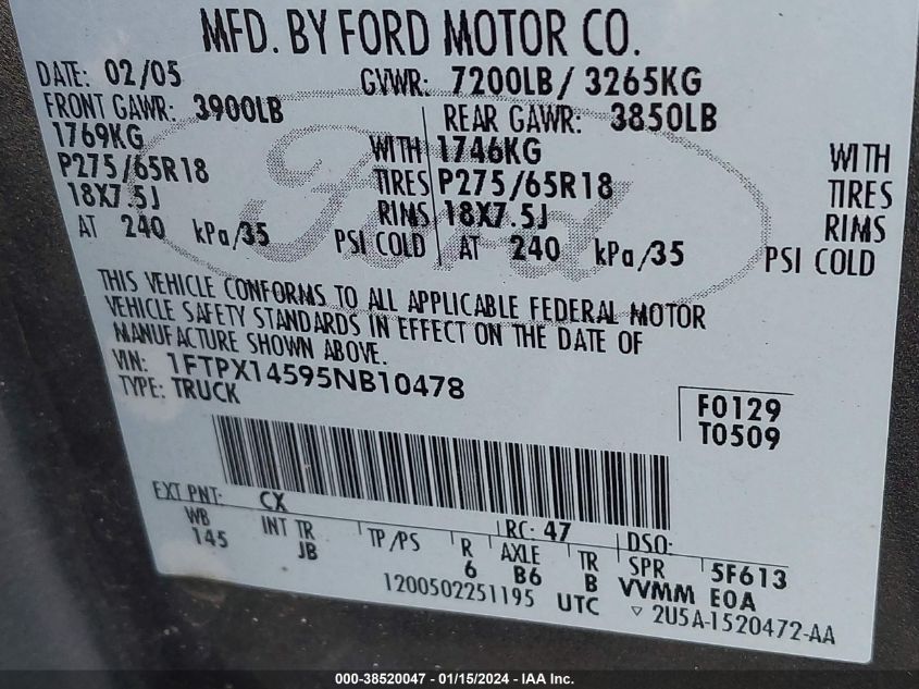 1FTPX14595NB10478 2005 Ford F-150 Fx4/Lariat/Xl/Xlt