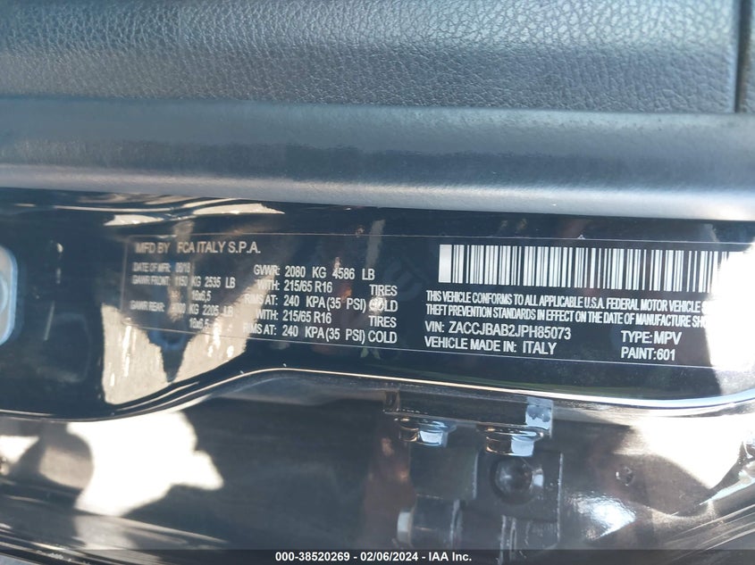 VIN ZACCJBAB2JPH85073 2018 JEEP RENEGADE SPORT 4X4