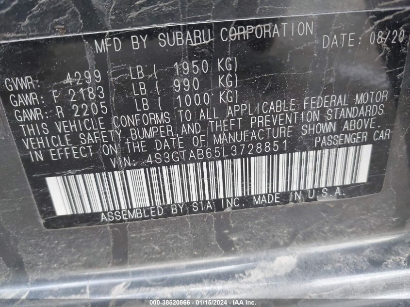 2020 Subaru Impreza 5-Door VIN: 4S3GTAB65L3728851 Lot: 38520866