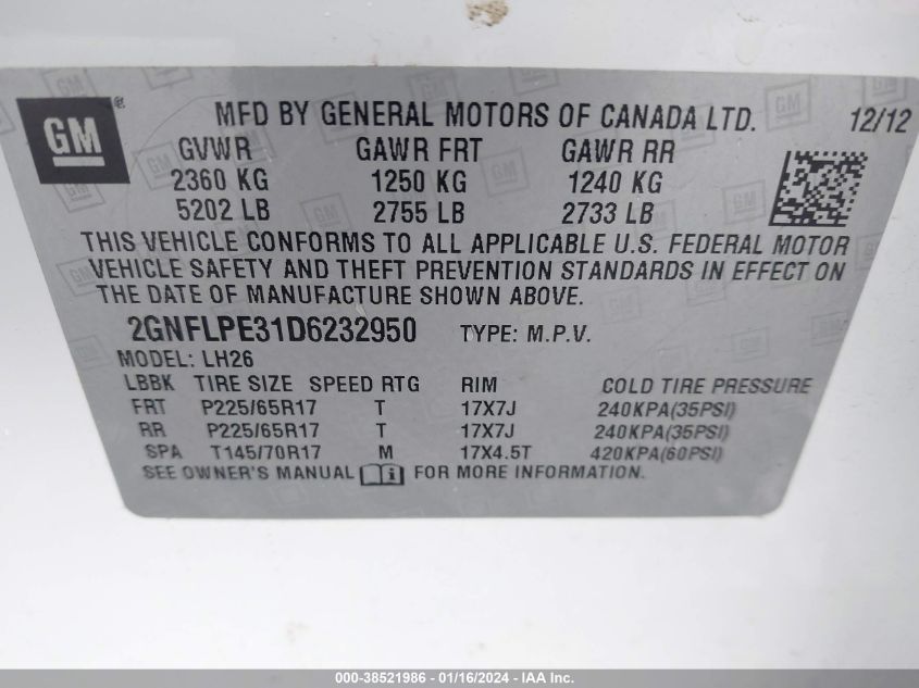 2GNFLPE31D6232950 2013 Chevrolet Equinox 2Lt