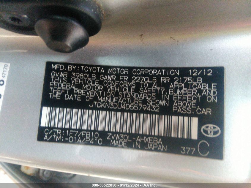 JTDKN3DU4D5579432 2013 Toyota Prius Two