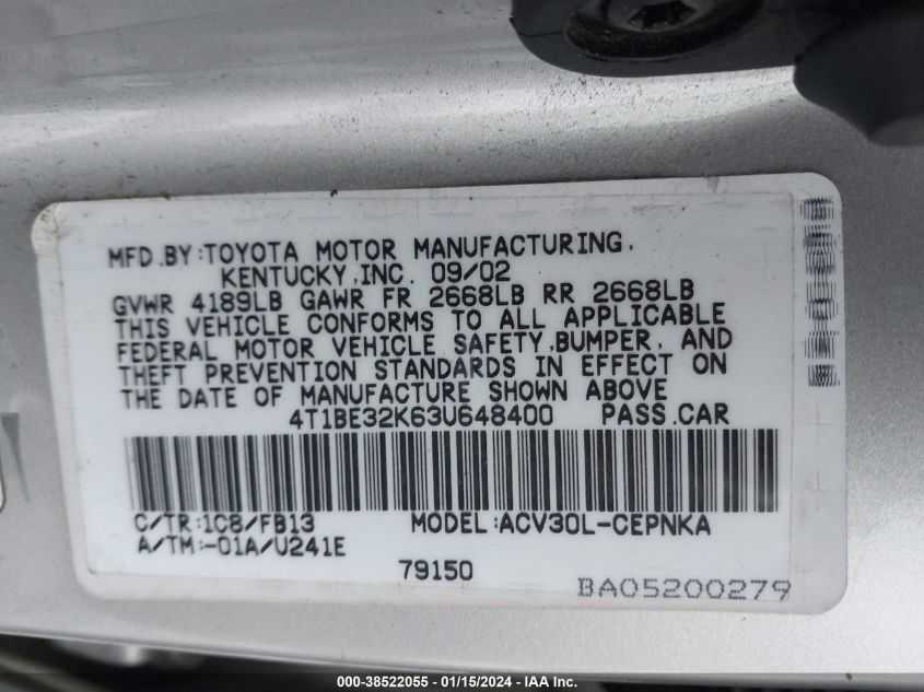 4T1BE32K63U648400 2003 Toyota Camry Le