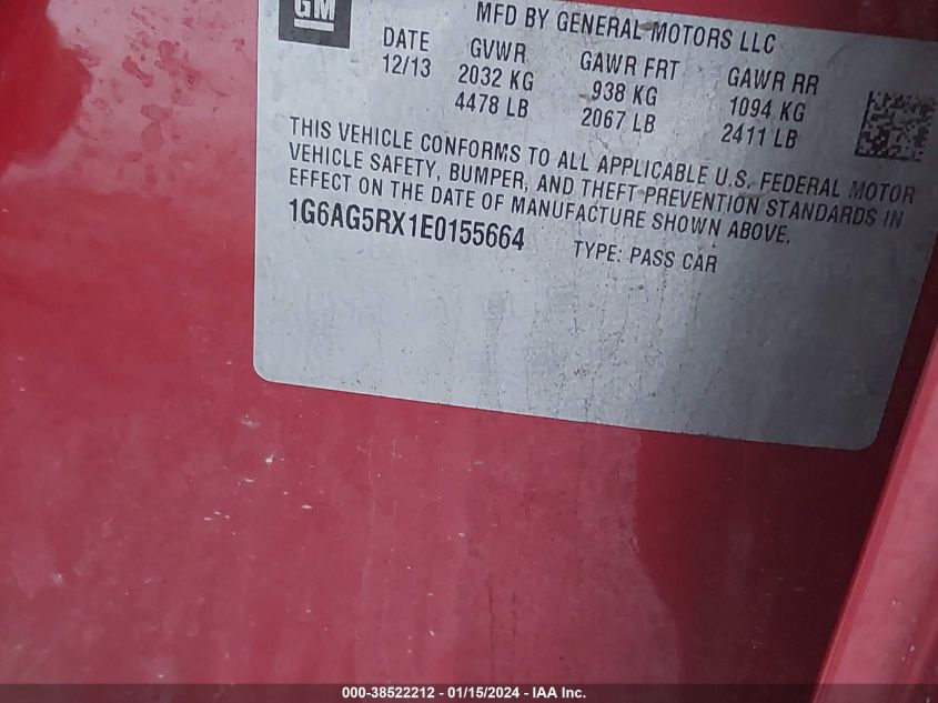 2014 Cadillac Ats Standard VIN: 1G6AG5RX1E0155664 Lot: 38522212