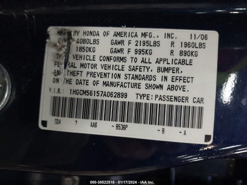 2007 Honda Accord 2.4 Vp VIN: 1HGCM56157A062899 Lot: 38522518