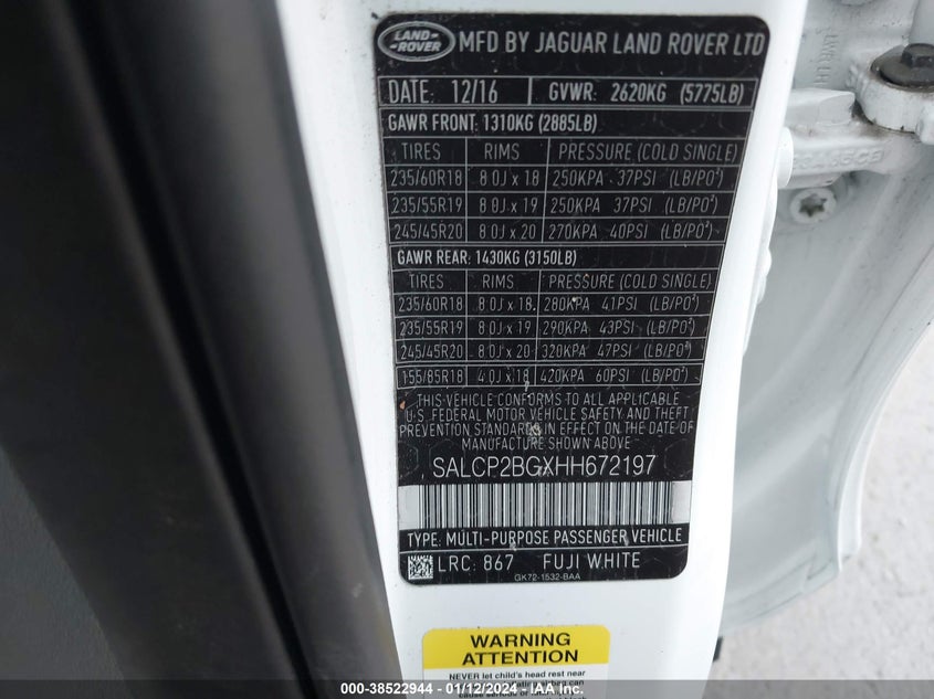 2017 LAND ROVER DISCOVERY SPORT VIN: SALCP2BGXHH672197