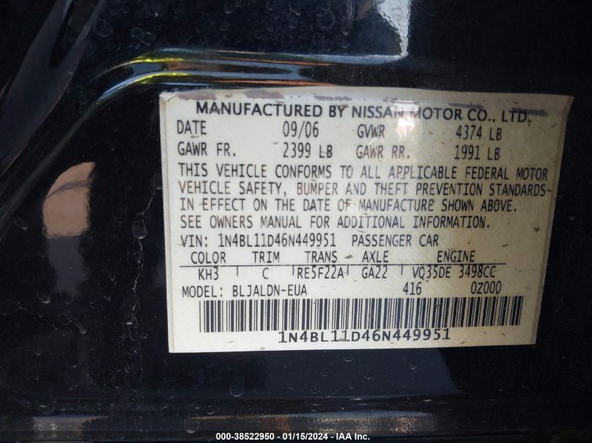 1N4BL11D46N449951 2006 Nissan Altima 3.5 Sl