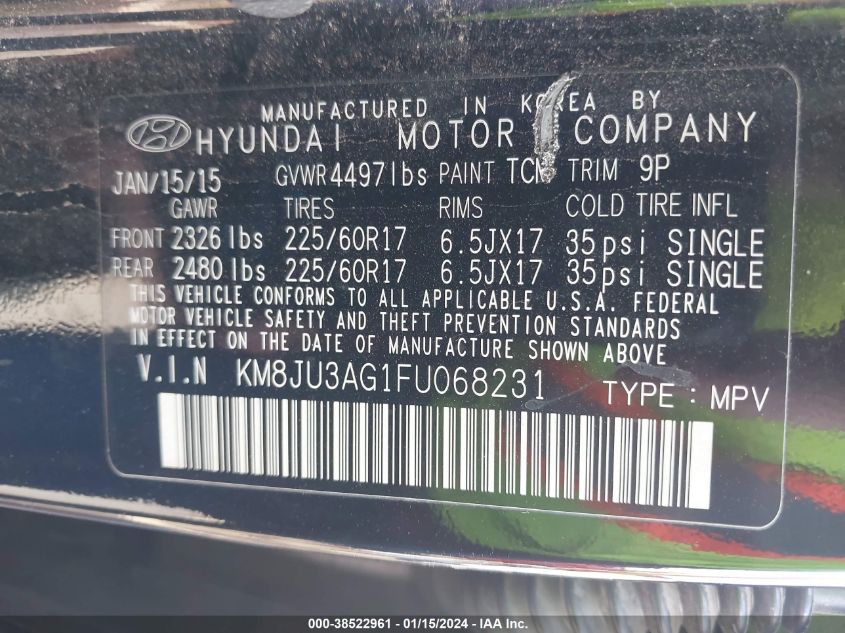 2015 Hyundai Tucson Se VIN: KM8JU3AG1FU068231 Lot: 38522961