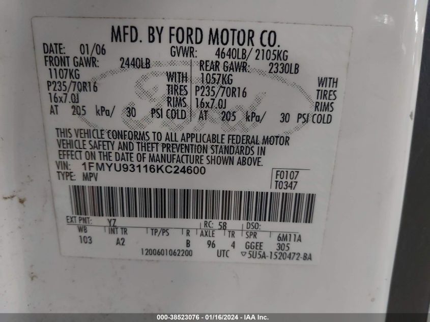 1FMYU93116KC24600 2006 Ford Escape Xlt/Xlt Sport