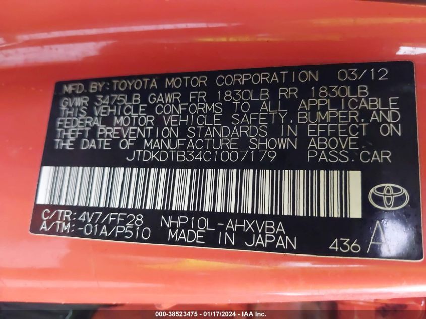 JTDKDTB34C1007179 2012 Toyota Prius C Two