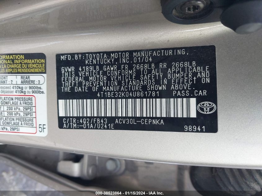 4T1BE32K04U861781 2004 Toyota Camry Le