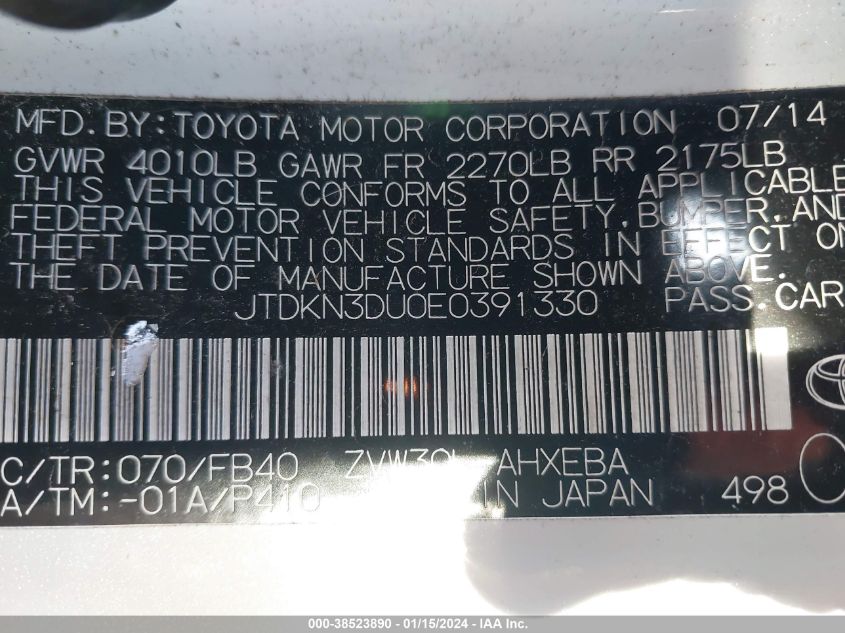 JTDKN3DU0E0391330 2014 Toyota Prius Two