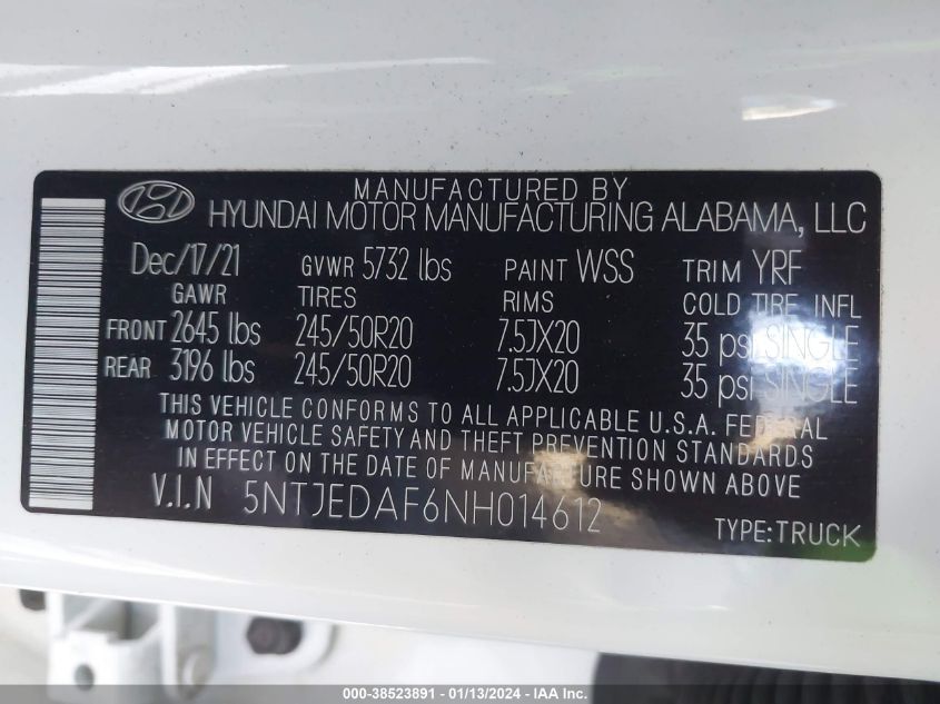 2022 Hyundai Santa Cruz Limited VIN: 5NTJEDAF6NH014612 Lot: 38523891