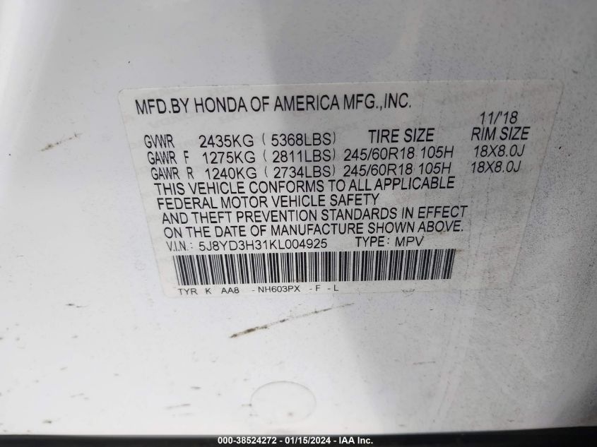 5J8YD3H31KL004925 2019 Acura Mdx Standard