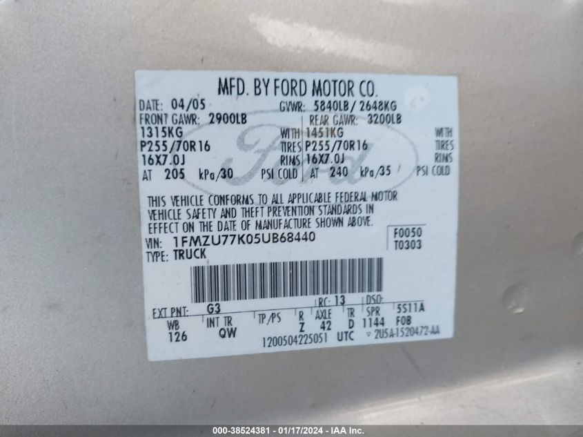 2005 Ford Explorer Sport Trac Adrenalin/Xls/Xlt VIN: 1FMZU77K05UB68440 Lot: 38524381