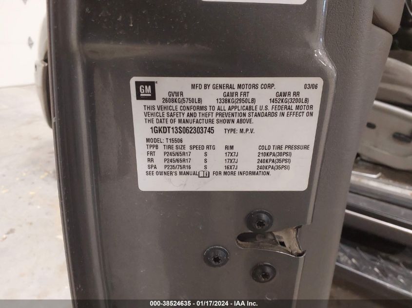 2006 GMC Envoy Sle VIN: 1GKDT13S062303745 Lot: 38524635