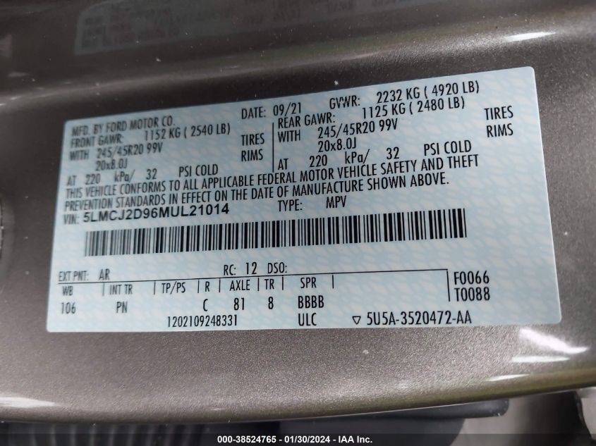 2021 Lincoln Corsair Reserve VIN: 5LMCJ2D96MUL21014 Lot: 38524765