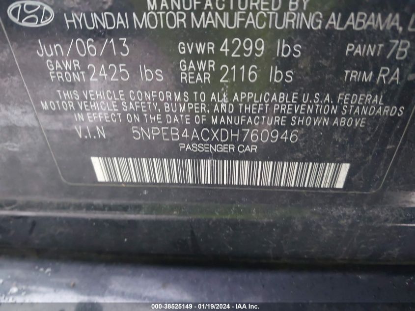 5NPEB4ACXDH760946 2013 Hyundai Sonata Gls