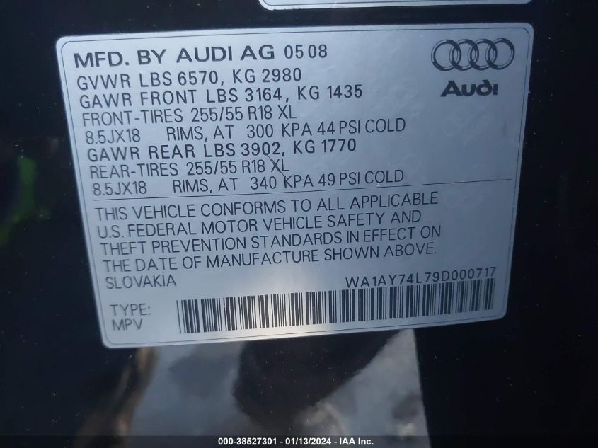 2009 Audi Q7 3.6 5 Passenger/3.6 Premium VIN: WA1AY74L79D000717 Lot: 38910977