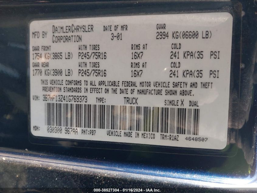 2001 Dodge Ram 1500 St VIN: 3B7HF13Z41G769373 Lot: 38527304