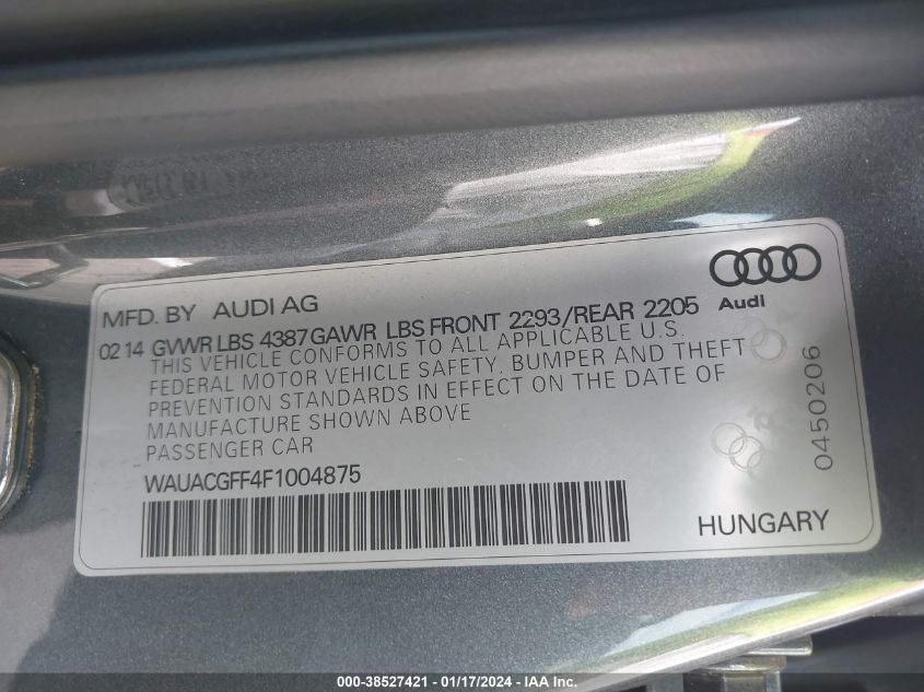 2015 Audi A3 1.8T Premium VIN: WAUACGFF4F1004875 Lot: 38527421