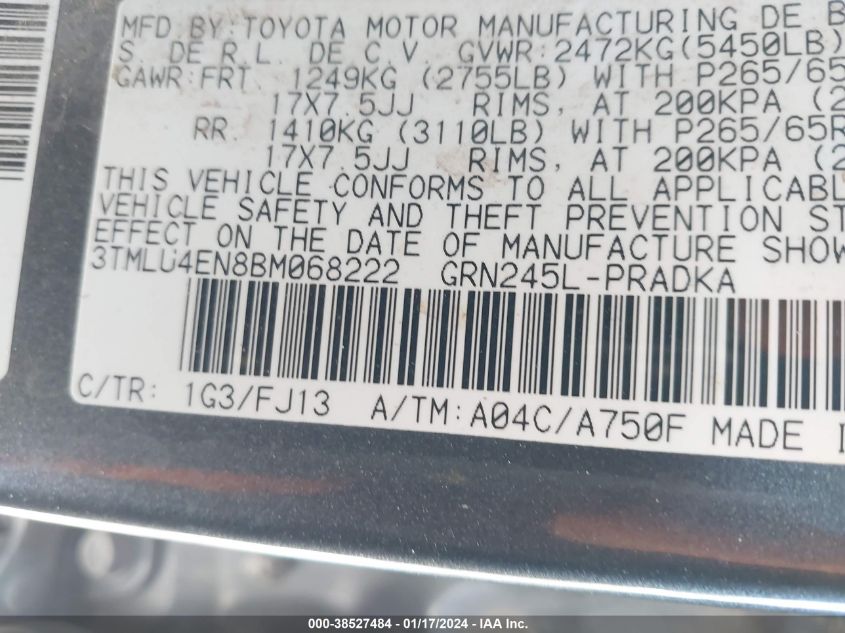 3TMLU4EN8BM068222 2011 Toyota Tacoma Base V6