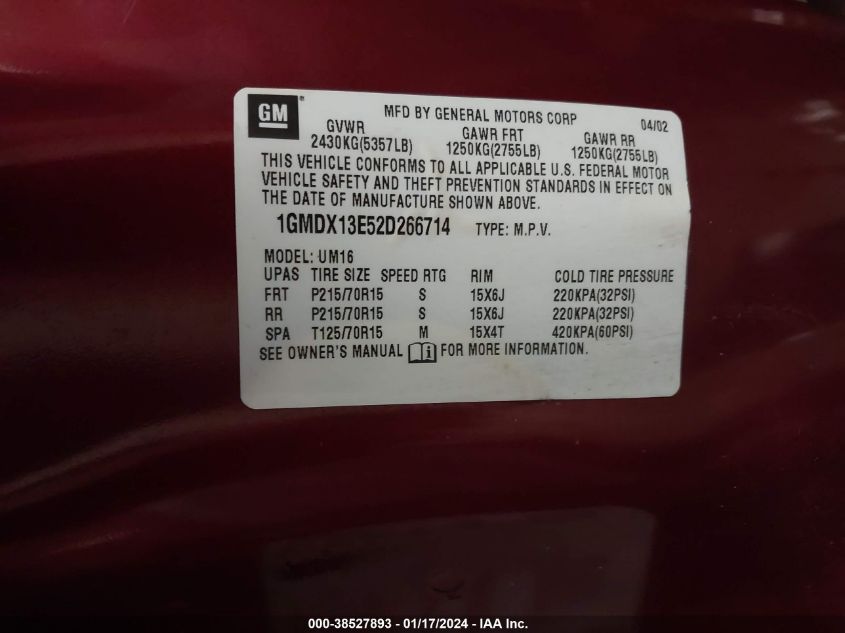 2002 Pontiac Montana 1Se Pkg VIN: 1GMDX13E52D266714 Lot: 38527893