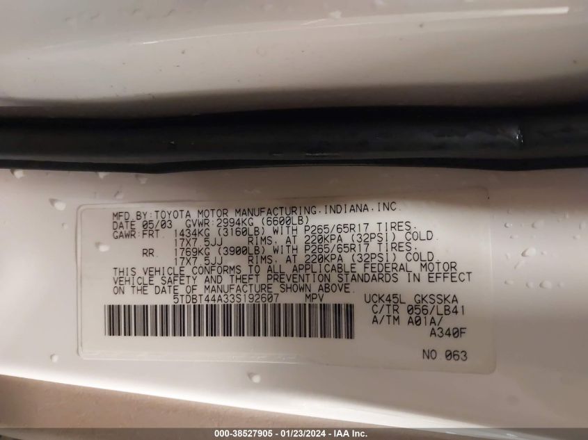 2003 Toyota Sequoia Sr5 VIN: 5TDBT44A33S192607 Lot: 38527905