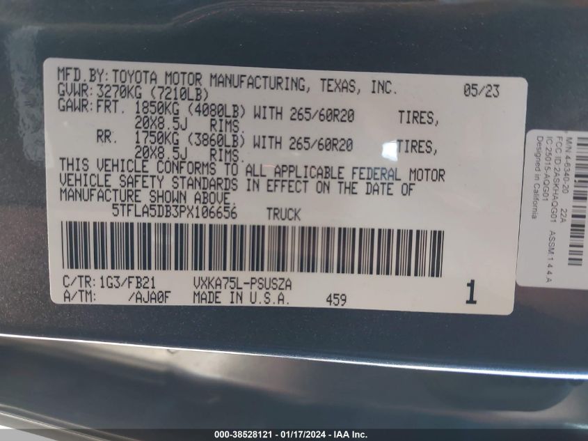 5TFLA5DB3PX106656 2023 Toyota Tundra Sr5