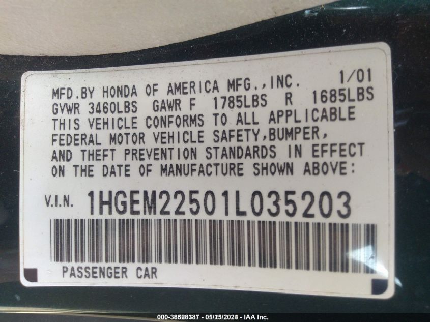 2001 Honda Civic Lx VIN: 1HGEM22501L035203 Lot: 38528387
