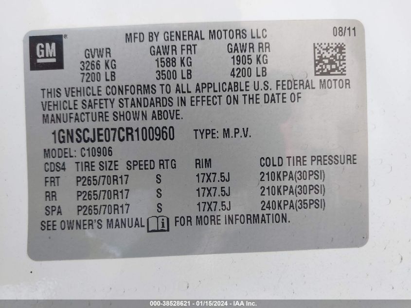 2012 Chevrolet Suburban 1500 Lt VIN: 1GNSCJE07CR100960 Lot: 38528621