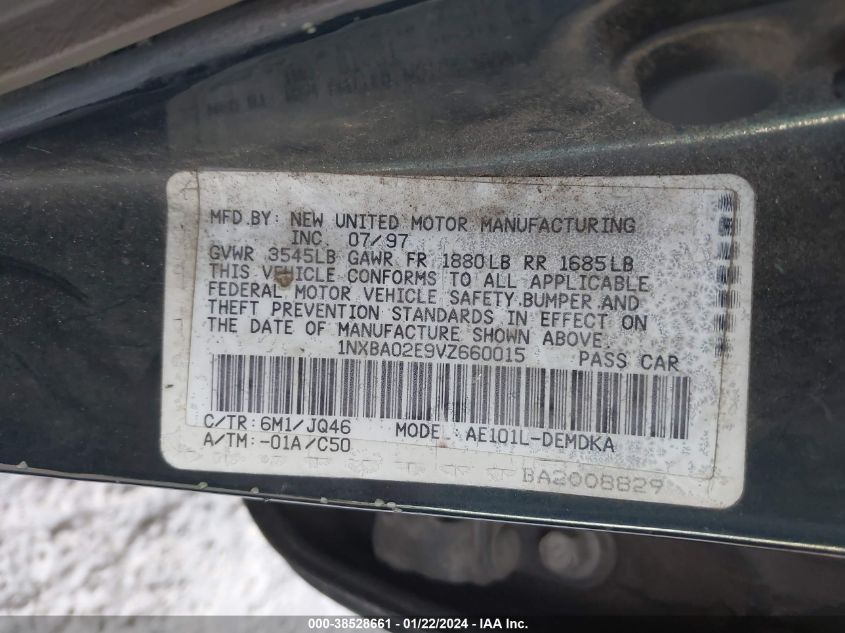 1997 Toyota Corolla VIN: 1NXBA02E9VZ660015 Lot: 38528661