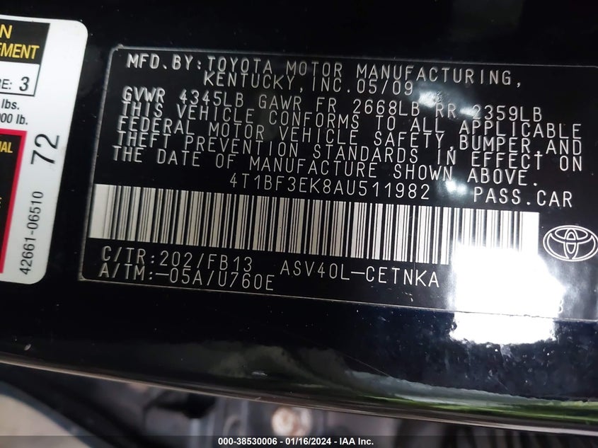 2010 TOYOTA CAMRY VIN: 4T1BF3EK8AU511982