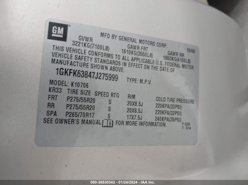 1GKFK63847J275999 2007 GMC Yukon Denali