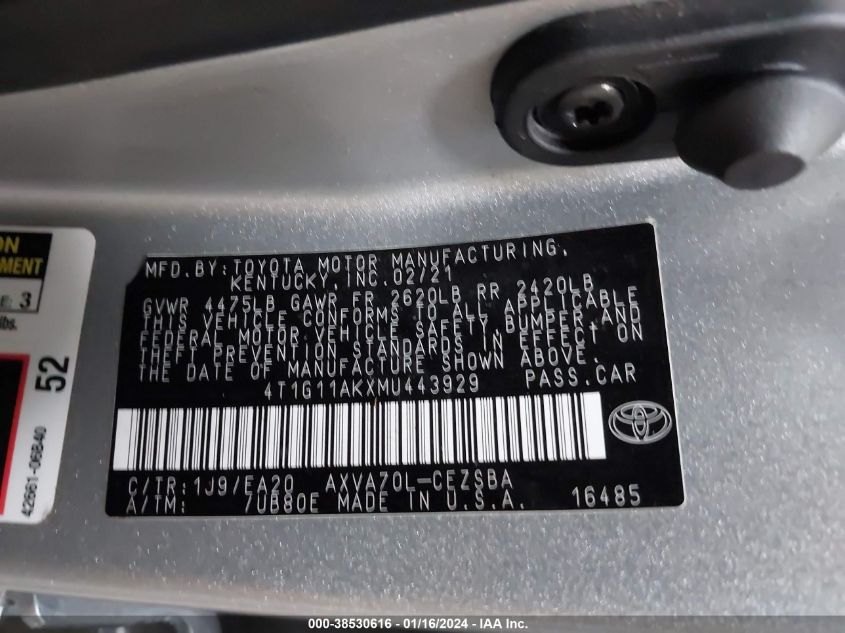 4T1G11AKXMU443929 2021 Toyota Camry Se