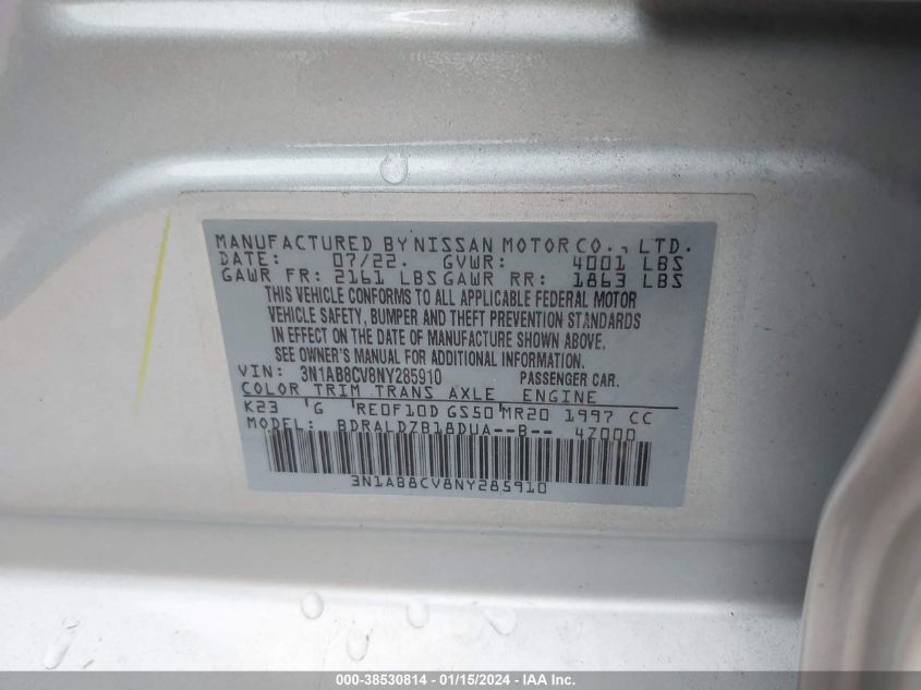 2022 Nissan Sentra Sv Xtronic Cvt VIN: 3N1AB8CV8NY285910 Lot: 38530814