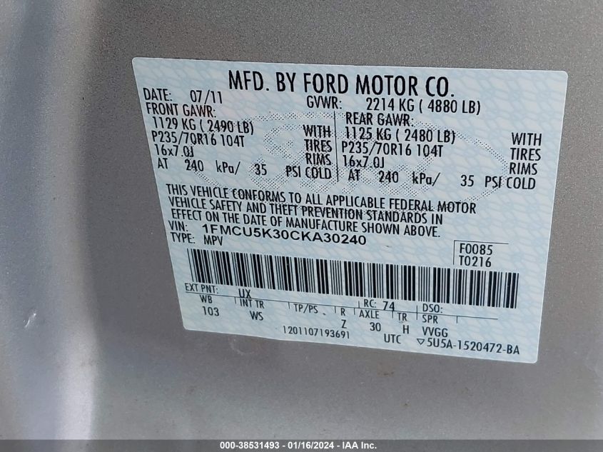 1FMCU5K30CKA30240 2012 Ford Escape Hybrid