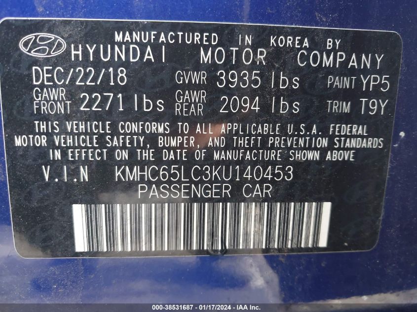 2019 Hyundai Ioniq Hybrid Blue VIN: KMHC65LC3KU140453 Lot: 38531687