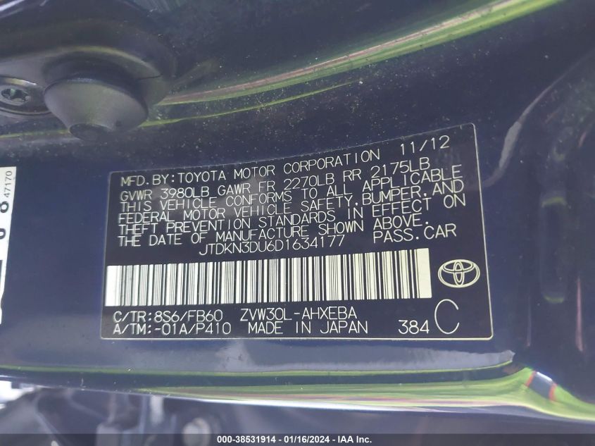 JTDKN3DU6D1634177 2013 Toyota Prius Three