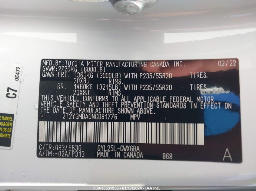 2022 Lexus Rx 450H F Sport Handling VIN: 2T2YGMDA0NC081776 Lot: 38531956