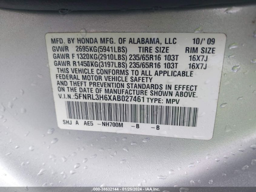 2010 Honda Odyssey Ex-L VIN: 5FNRL3H6XAB027461 Lot: 38532144