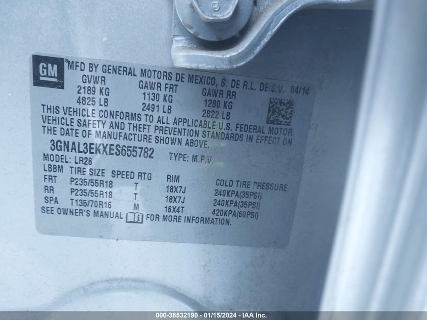 2014 CHEVROLET CAPTIVA SPORT LT 3GNAL3EKXES655782