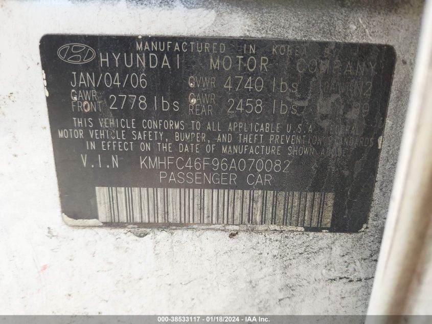 2006 Hyundai Azera Limited/Se VIN: KMHFC46F96A070082 Lot: 39227473