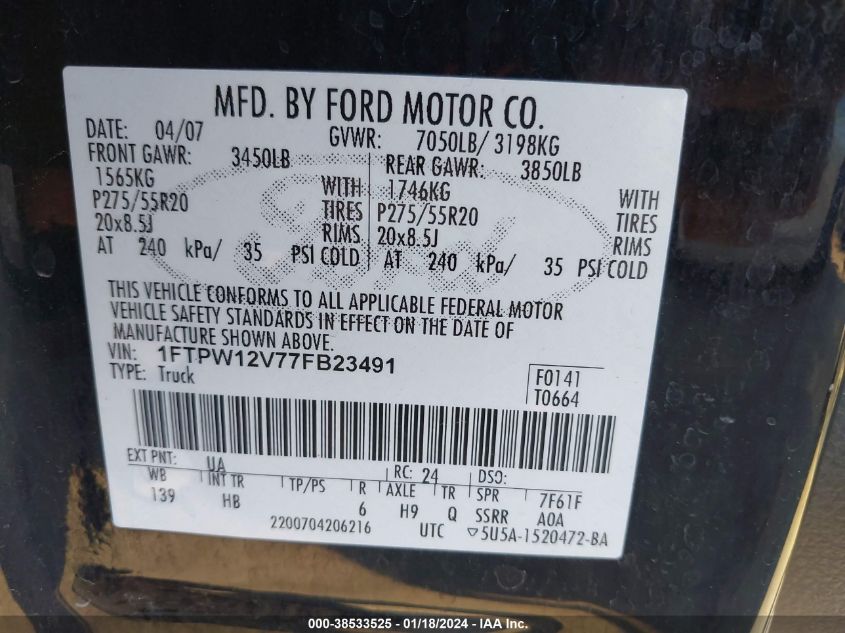 1FTPW12V77FB23491 2007 Ford F-150 Lariat/Xlt