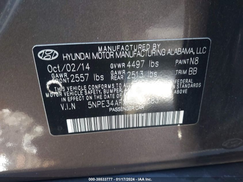 2015 Hyundai Sonata Limited VIN: 5NPE34AFXFH100383 Lot: 38533777