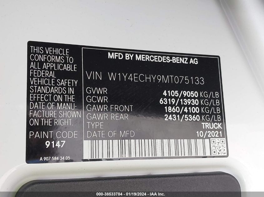 2021 Mercedes-Benz Sprinter 2500 High Roof V6 VIN: W1Y4ECHY9MT075133 Lot: 38533784