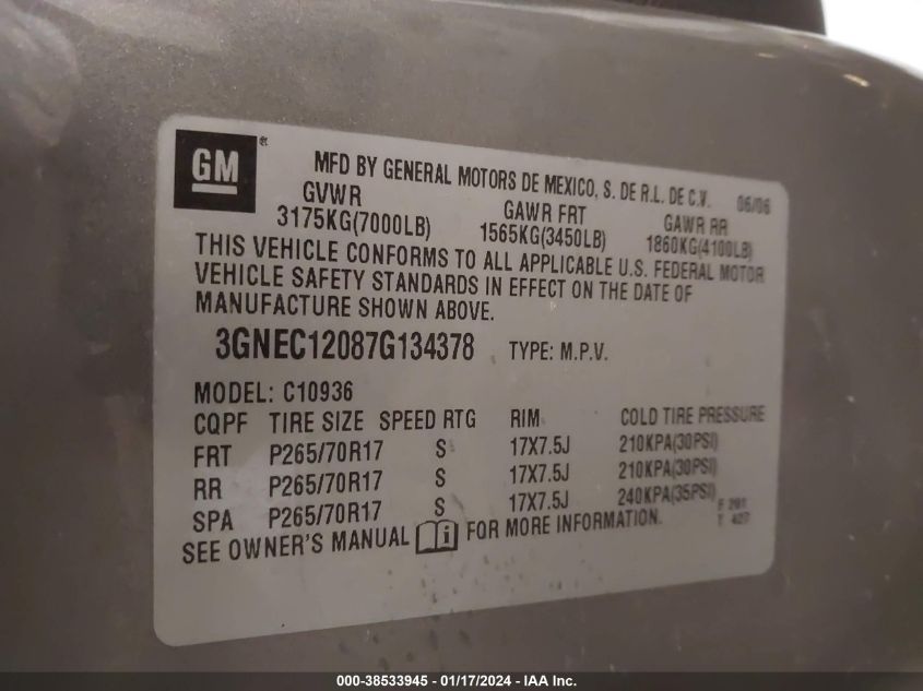 2007 Chevrolet Avalanche 1500 Ls VIN: 3GNEC12087G134378 Lot: 38533945