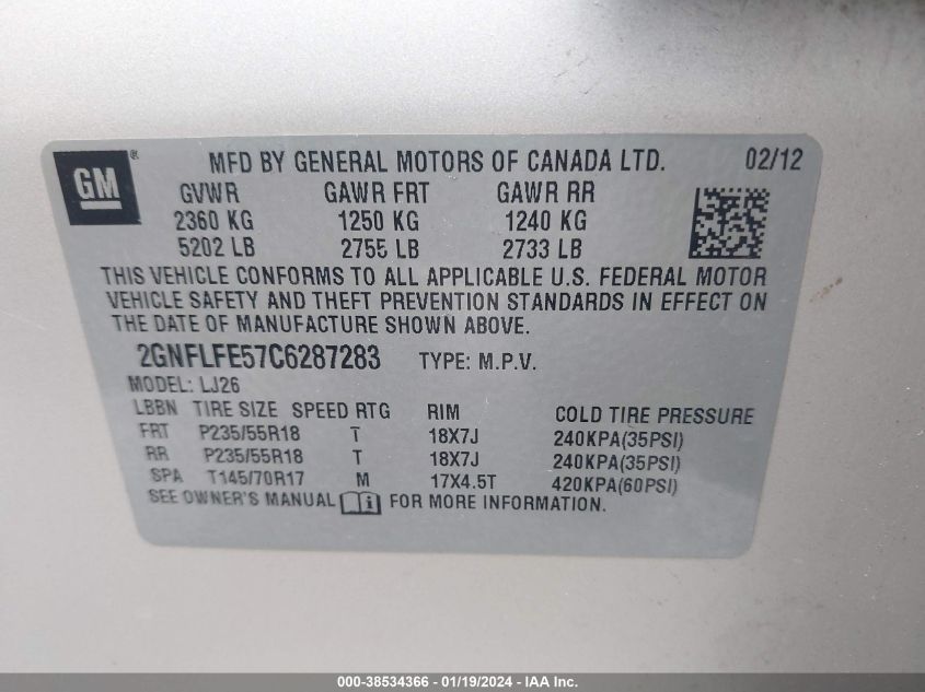 2GNFLFE57C6287283 2012 Chevrolet Equinox Ltz