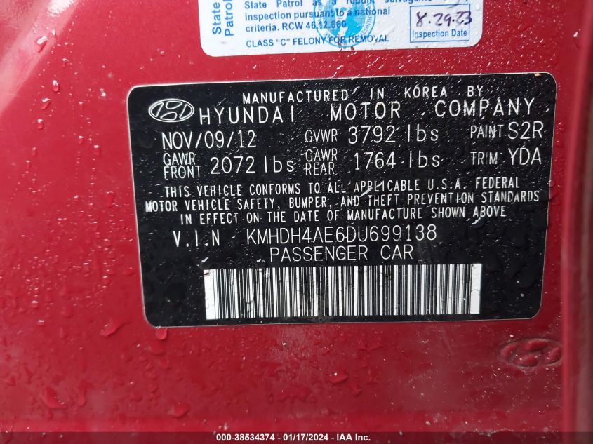 2013 Hyundai Elantra Gls (Ulsan Plant) VIN: KMHDH4AE6DU699138 Lot: 38534374